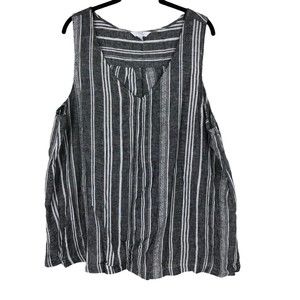 Time & Tru XL Sleeveless Linen Blend Lagen Tank Top White & Grey Stripes w/Pocke